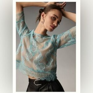 Turquoise By Anthropologie lace illusion top, size M EUC